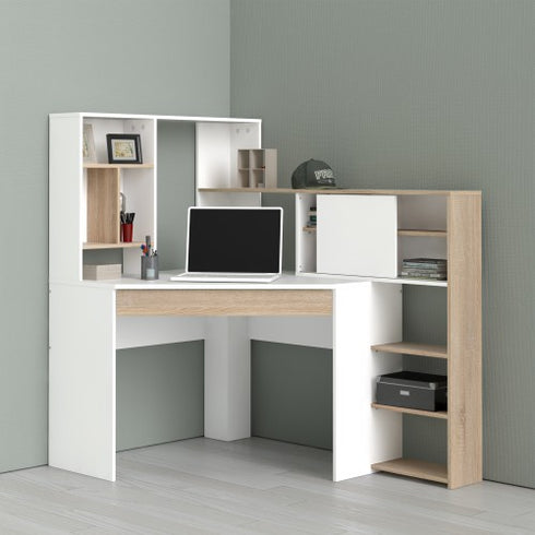 Function Plus Corner Desk with multi-functional unit In White and Oak